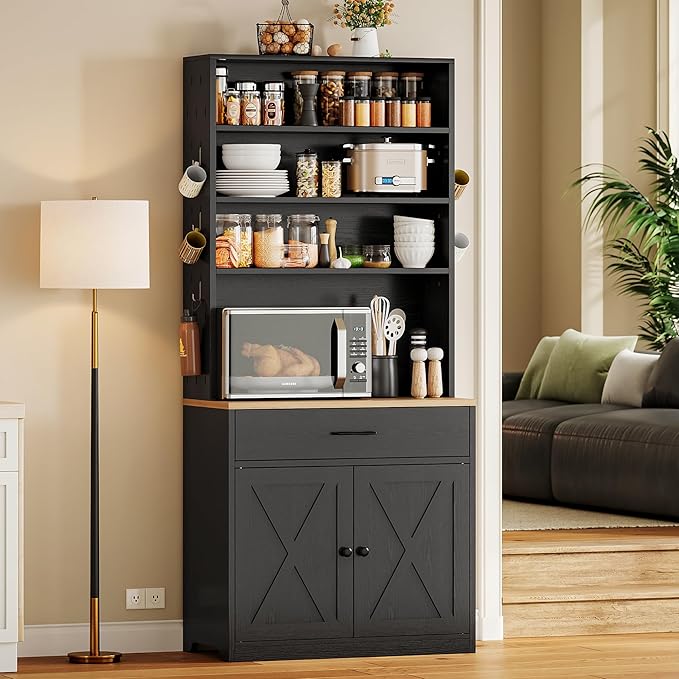 IRONCK Bakers Rack Microwave Stand with Customizable Pegboard and Storage, 71" Farmhouse Coffee Bar Cabinet with Drawer, Barn Doors, Adjustable Shelves for Kitchen, Dining Room, Living Room, Black