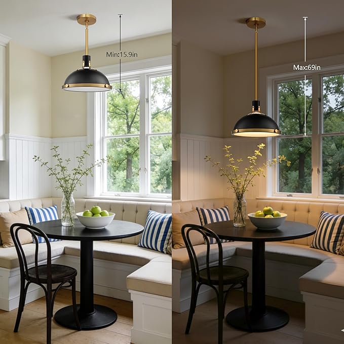 12.7 Inch Black and Gold Modern Pendant Lights, Industrial Dome Kitchen Island Pendant Lighting, 1-Light Small Ceiling Hanging Light Fixture with Opal Glass Diffuser, Over Sink Table Bar Hall