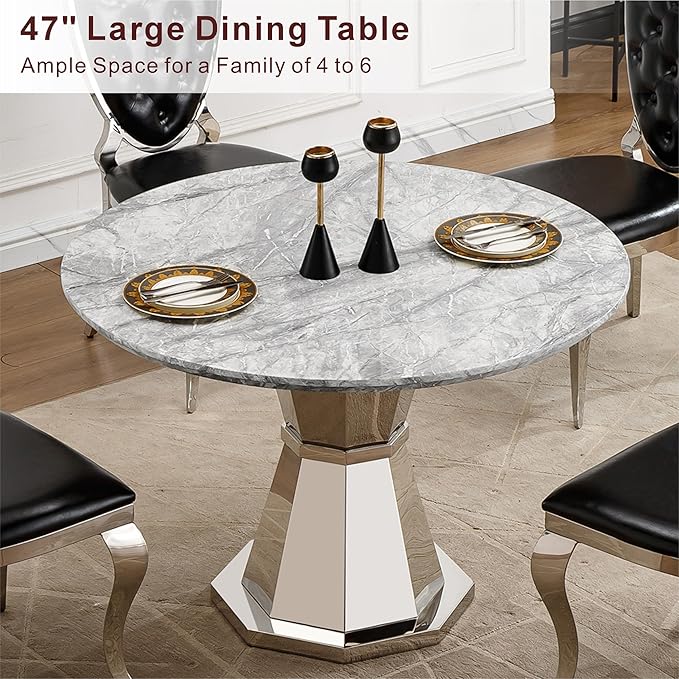 47" Round Marble Dining Table for 4-6, Luxury Modern Kitchen Table with Marble Grain MDF Tabletop & Silver Mirrored Stainless Steel Pedestal Base, Grey Stone Dinner Table for Dining Room (Table Only)