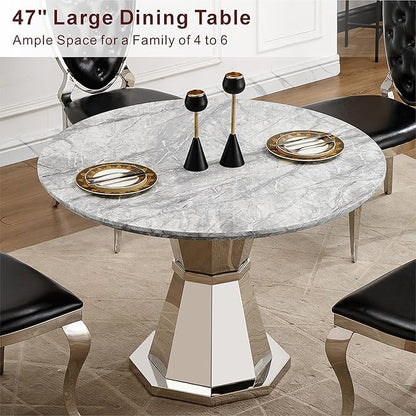 47" Round Marble Dining Table for 4-6, Luxury Modern Kitchen Table with Marble Grain MDF Tabletop & Silver Mirrored Stainless Steel Pedestal Base, Grey Stone Dinner Table for Dining Room (Table Only)