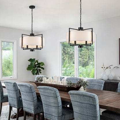 19.7" Drum Pendant Light Fixture, 4 Light Drum Chandelier with Wihte Fabric Lampshade, Farmhouse Kitchen Island Chandeliers over Table Black Hanging Lights Fixture for Dining Room Bedroom Living Room