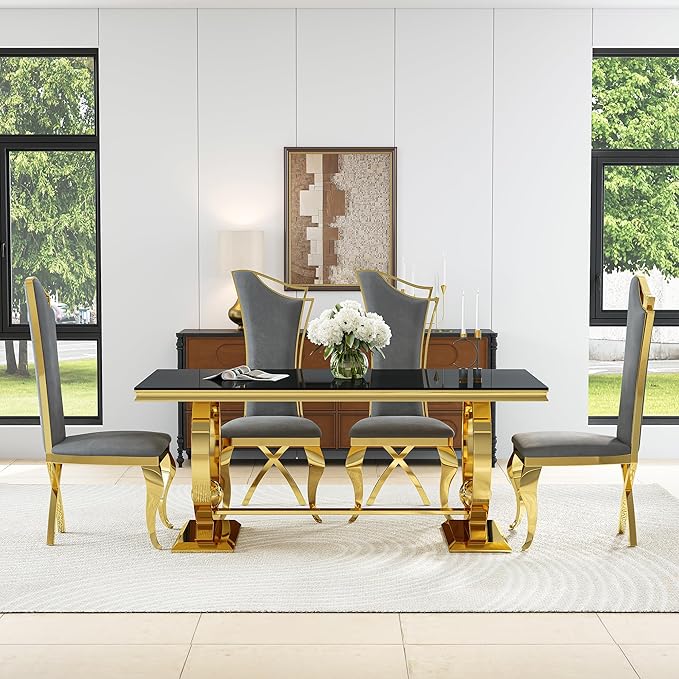 7-Piece Modern Luxury Dining Table Set, 70" Black Tempered Glass Dining Table with Gold Polished Stainless Steel U-Shaped Pedestal Base, 6 Gray Velvet X-Leg Dining Chairs, for Dining Room