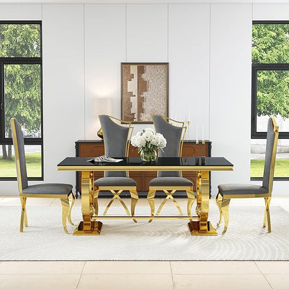 7-Piece Modern Luxury Dining Table Set, 70" Black Tempered Glass Dining Table with Gold Polished Stainless Steel U-Shaped Pedestal Base, 6 Gray Velvet X-Leg Dining Chairs, for Dining Room