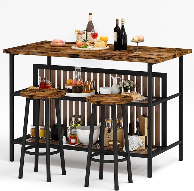 DKLGG 3 Piece Dining Table Set for 2,Kitchen Island with Seating & Storage,Industrial Bar Table and Chairs Set,Space-Saving Pub Table Set for Small Space (Rustic Brown)