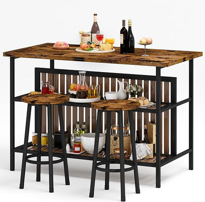 DKLGG 3 Piece Dining Table Set for 2,Kitchen Island with Seating & Storage,Industrial Bar Table and Chairs Set,Space-Saving Pub Table Set for Small Space (Rustic Brown)