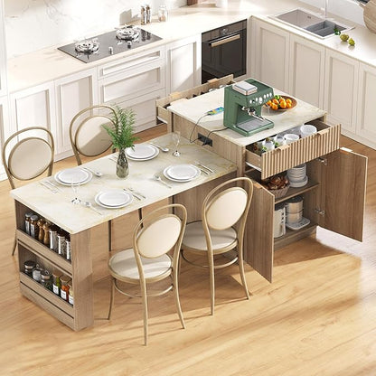 JIJIWANG 82.6" Fluted Kitchen Island with Extendable Dining Table for 4-6, Island Table for Kitchen with Power Outlet, Kitchen Table with Double-Side Storage, 2 Drawers 2 Side Open Shelves, Natural