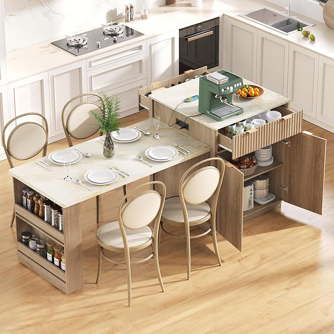 Modern Dining Table Expandable 82.6in Fluted Kitchen Island with, Power Outlet, Wood Console Table with Drawers for Living Room Dining Room Kitchen,Natural-MDF