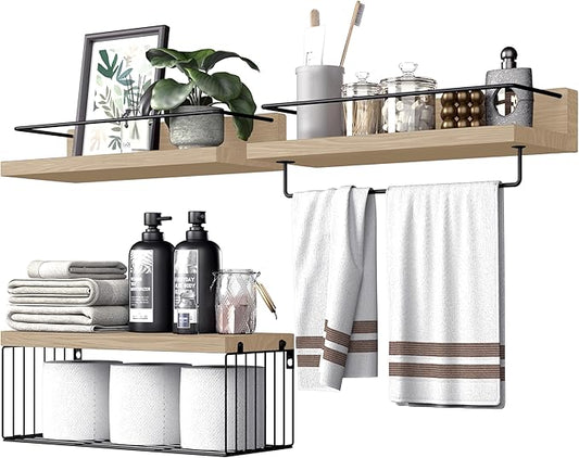 PopiShelves Bathroom Shelves Over Toilet for Wall, Floating Shelves with Storage Basket Paper Holer for Kitchen Living Room, Bedroom & Classroom, Set of 3 (Nature Wood)