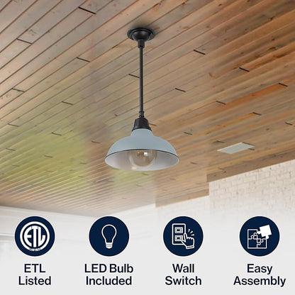 JONATHAN Y 12.25" Matte Silver 1-Light Blue Farmhouse Indoor/Outdoor LED Pendant Iron Hanging Light, and Black Metal Shade, Rustic Ceiling Lamp for Kitchen Island, LED Bulb Included (JYL7611K)