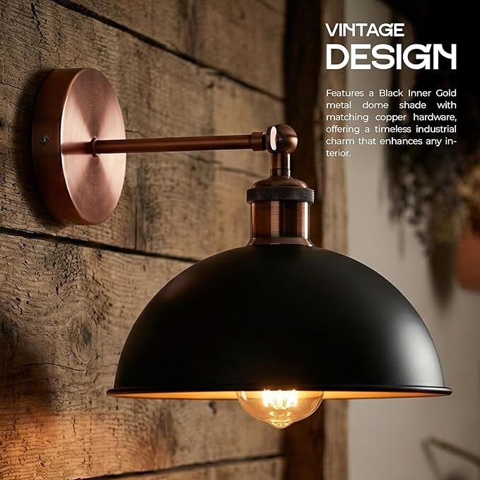 Dome Metal Wall Sconce, 180° Adjustable Industrial Wall Lamp for Bedside, Study, Kitchen, and Living Room Décor. (Black Inner Gold_)
