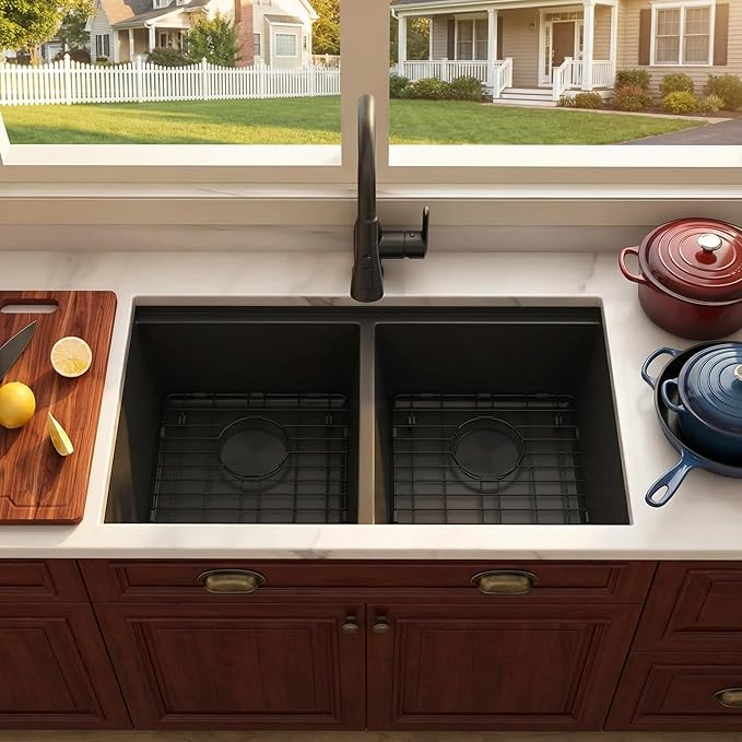MILOSEN Black Double Bowl Kitchen Sink, 32 x18 inch 16 Gauge T304 Black Stainless Steel Undermount Workstation Sinks, 10'' Deep 50/50 Double Bowl Basin, Handmade Black Sink with Accessories