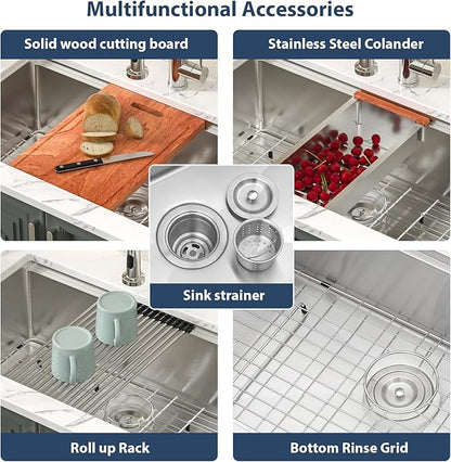 Lordear 26 Undermount Kitchen Sink Workstation 26x19 Stainless Steel Sinks 16 Gauge Deep Single Bowl Under Counter Kitchen Sink Basin with Cutting Board