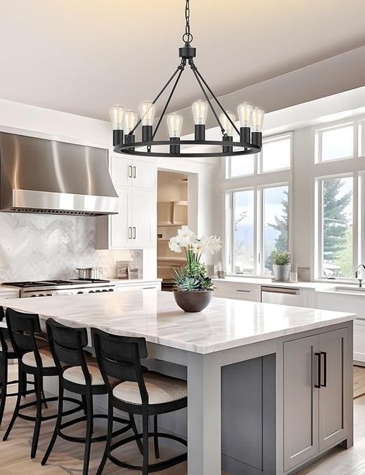L LOHAS LED Black Farmhouse Chandeliers for Dining Room, 8-Light Wagon Wheel Chandelier Over Table, Height Adjustable, 24" Dining Room Light Fixtures, Modern Chandelier for Kitchen Island Living Room