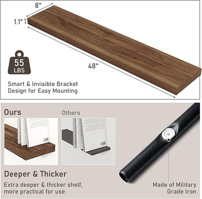 Fun Memories 48 Inch Floating Shelves for Wall 8 Inch Deep Walnut Shelves Set of 2, Wall Mounted Rustic Wood Long Floating Shelf, Large Display & Storage Shelf with Invisible Brackets