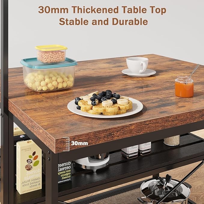 CABIHOME 42" Kitchen Island with Storage & Seating - 3-Tier Bakers Rack, Microwave Stand, Dining Table for 4, 5 Hooks & 50lb Capacity, Multi-Functional Island for Small Kitchens (Brown)