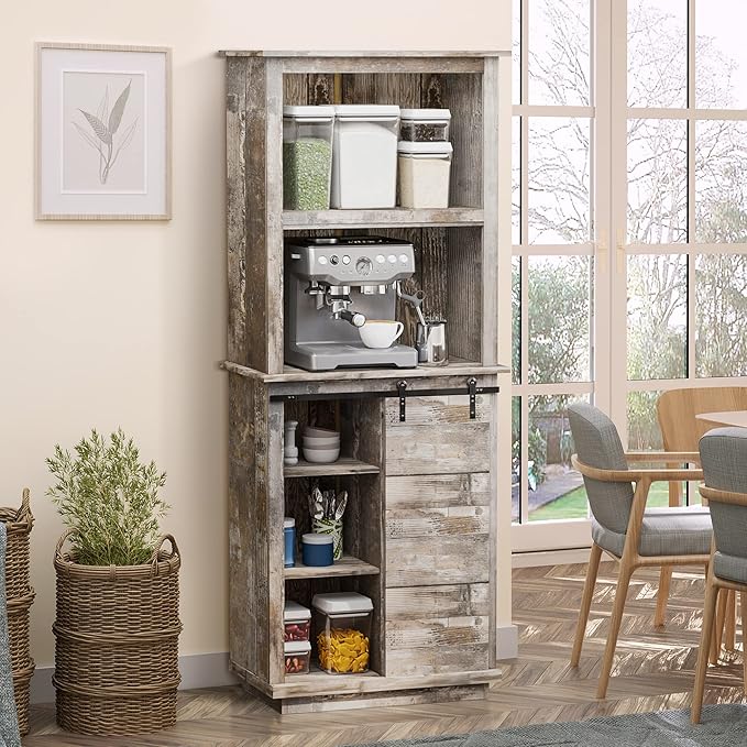Modern Kitchen Pantry, Freestanding Buffet Cabinet with Hutch, Sliding Barn Door, Adjustable Shelf, Easy to Maintain, for Dining Room