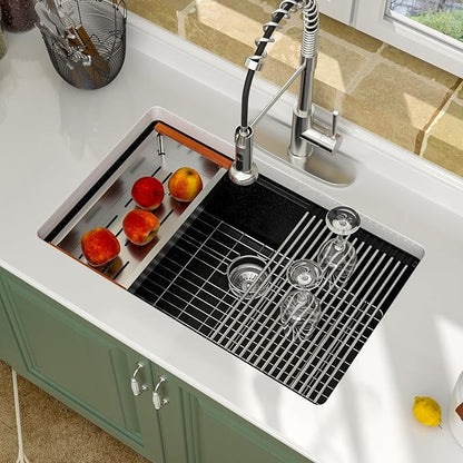 Logmey 30 Inch Granite Composite Kitchen Sink Black Undermount Sink Ledge Single Bowl Under Counter Deep Quartz Workstation Kitchen Sinks, 30x19x9