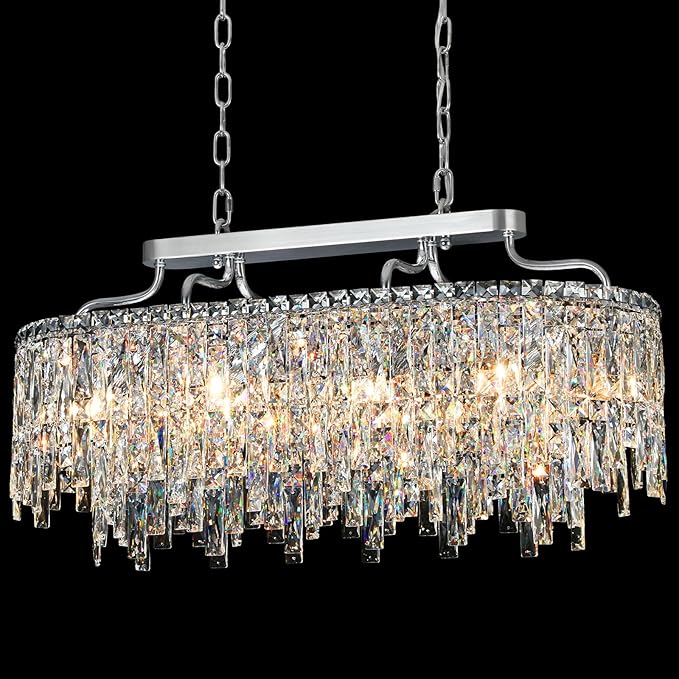 10 Light Crystal Chandelier | Chrome Oval-Shaped Crystal Chandeliers for Dining Room Light Fixture, 32" Modern Ceiling Lighting Fixture for Dining Room Kitchen Island Bar