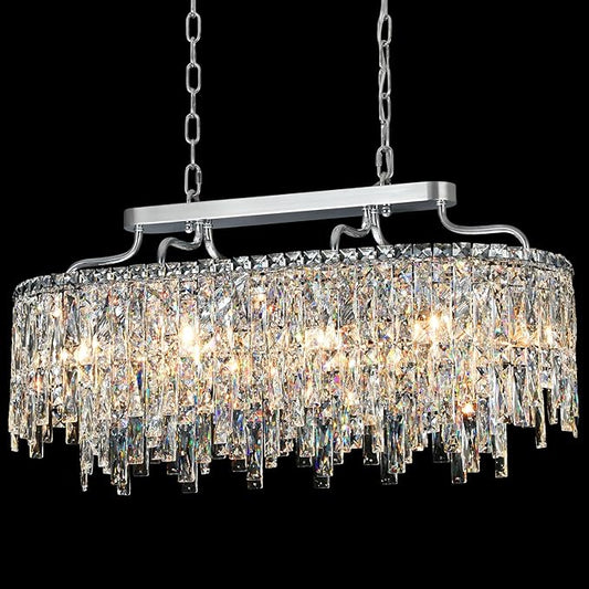 10 Light Crystal Chandelier | Chrome Oval-Shaped Crystal Chandeliers for Dining Room Light Fixture, 32" Modern Ceiling Lighting Fixture for Dining Room Kitchen Island Bar