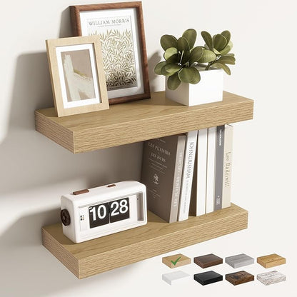 Acovy 16 Inch Floating Shelves for Wall 2 Pack, 16" Wall Shelves for Books, Storage, Decor, Wall Mounted Floating Shelf with Invisible Brackets for Kitchen, Living Room, Oak