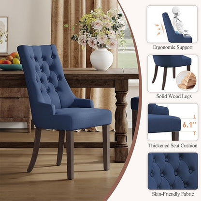 COLAMY Wingback Upholstered Side Dining Room Chairs Set of 2, Fabric Dining Chairs with Tufted Button, Living Room Chairs for Home Kitchen, Blue