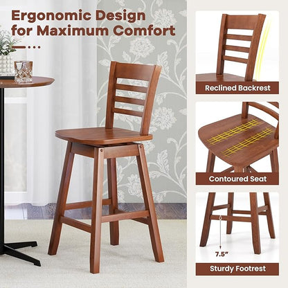Giantex Wood Bar Stools Set of 2, 24.5" Swivel Counter Height Bar Stools with Slatted Hollow Back & Ergonomic Contoured Seat, Footrest, Farmhouse Wooden Barstools for Kitchen Island, Bar, Cafe, Walnut