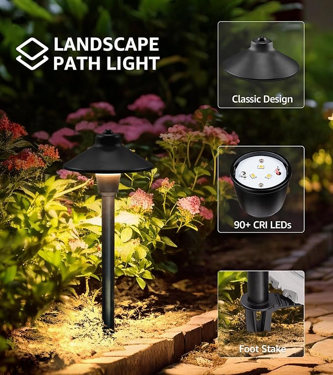 SUNVIE Low Voltage Pathway Lights 12V LED Landscape Path Lights 3000K Outdoor Waterproof Landscape Lighting 3W Aluminum Low Voltage Landscape Lights for Walkway Yard Garden ETL Listed Cord, 4 Pack