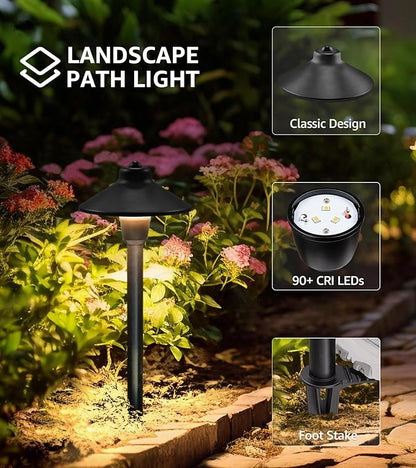 SUNVIE Low Voltage Pathway Lights 12V LED Landscape Path Lights 3000K Outdoor Waterproof Landscape Lighting 3W Aluminum Low Voltage Landscape Lights for Walkway Yard Garden ETL Listed Cord, 4 Pack