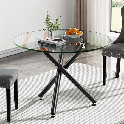 Glass Dining Table,36'' Round Dining Kitchen Table,Modern X-Design Dining Room Table with Black Metal Base for Dining Room