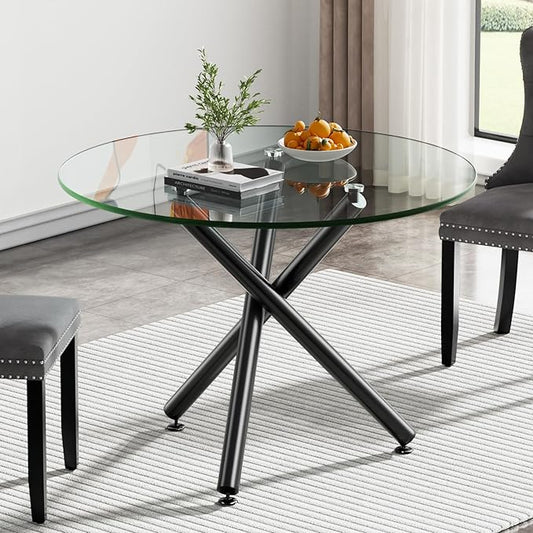 Glass Dining Table,36'' Round Dining Kitchen Table,Modern X-Design Dining Room Table with Black Metal Base for Dining Room