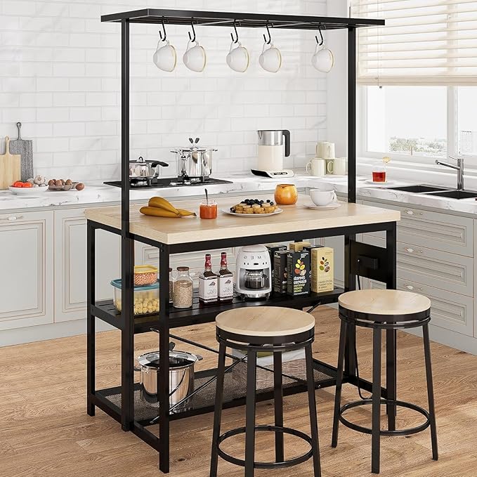 IDEALHOUSE 47" Kitchen Island with Power Outlet - 3-Tier Bakers Rack & Microwave Stand, Metal Coffee Bar Table for Kitchen, Dining & Living Room, Large Mobile Storage Cart