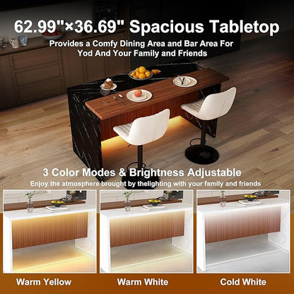 Runboll 63" Large Island Table Set with 2 Bar Stools, Modern Faux Marble Dining Table Set with Multi-Color LED Lights, Kitchen Island with Grille Design for Dining Room, Home, Office, Living Room