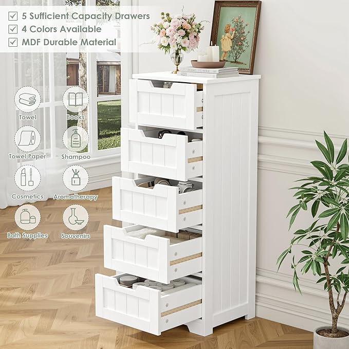 FOTOSOK Bathroom Cabinet, Bathroom Storage Cabinet with 5 Drawers, Wooden Storage Cabinets with Cut-Out Handles, 11.8” x 15.7” x 40.1” Bathrooms Floor Cabinets for Hallway/Living Room, White