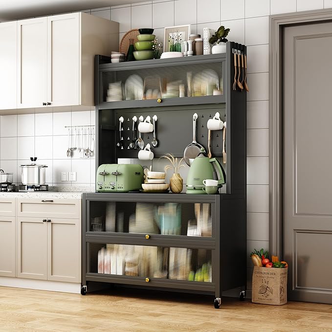 Runboll Kitchen Pantry Cabinet Storage with Microwave Shelf 5 Tier Metal Sideboard Baker's Rack Coffee Bar Hutch Buffet Laundry Storage, with Wheels & Hooks