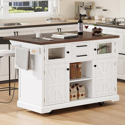 RUNNA 54.9" Kitchen Island with Drop Leaf,Power Outlet, Kitchen Storage Cart with 4 Door Shelves,Cross Barn Doors & Visual Glass Door,Rolling on 4 Wheels for Kitchen,Dining Room (White#77)