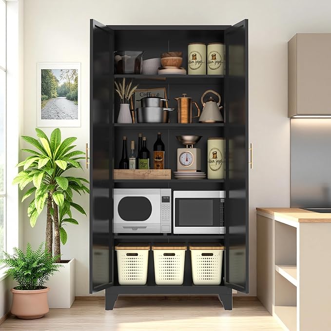 Ball & Cast 71″Tall Freestanding Kitchen Pantry Cabinet,Versatile Metal Storage Cabinet w/Adjustable Shelves & Doors,Pantry Cabinet for Kitchen and Dining Room,Black
