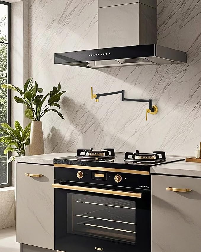 Fransiton Black Gold Pot Filler, Pot Filler Faucet Wall Mount, Brass Folding Stretchable with Double Joint Swing Arm Single Hole Two Handles Kitchen