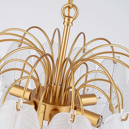 LumFurn 10-Light Gold Chandeliers, Modern Pendant Light Fixture for Dining Room, Staircase, D16 x H27~72" Adjustable Height, Frosted Feather Glass Shade & Gold Finish