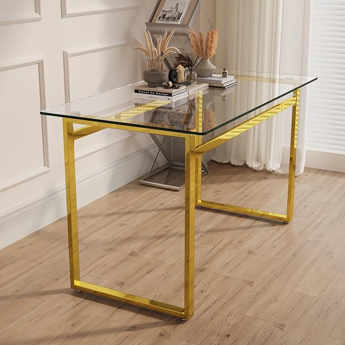 Modern Glass Dining Table for 4-6, 51" Rectangular Kitchen Dining Room Table with 0.31" Tempered Glass Tabletop and Gold Chrome Metal Legs, Writing Table Desk, for Kitchen Dining Living Room (Gold)