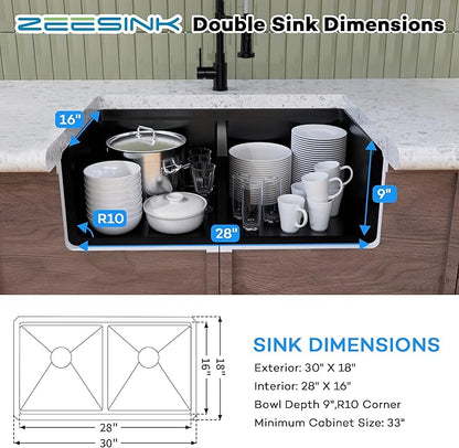 Double Bowl Kitchen Sink 30" X 18",Black Undermount Kitchen Sink,16 Gauge Stainless Steel Undermount Double Sinks with Workstation