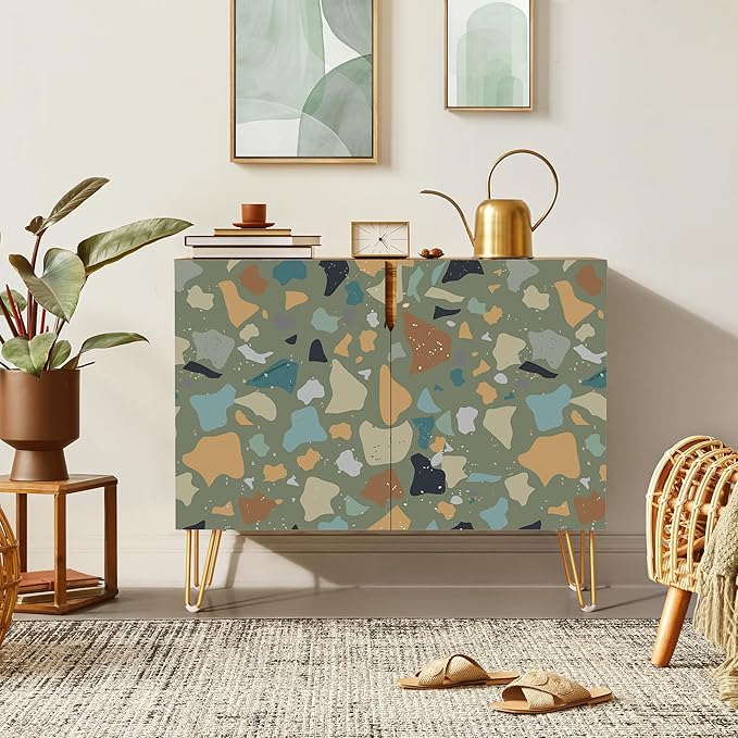 SIGNWIN Sideboard Buffet Cabinet, Kitchen Storage Cabinet with 2 Doors, Vibrant Fractal Marble Rock Pattern, Cupboard Console Table for Dining Room - 35" L x 18" W x 29" H