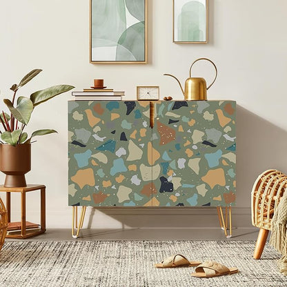 SIGNWIN Sideboard Buffet Cabinet, Kitchen Storage Cabinet with 2 Doors, Vibrant Fractal Marble Rock Pattern, Cupboard Console Table for Dining Room - 35" L x 18" W x 29" H