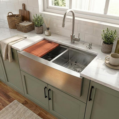 MILOSEN 33x20x10 Inch Farmhouse Kitchen Sink, Undermount 16 Gauge Stainless Steel 50/50 Double Bowl Sink, Workstation Apron Front Farm Sink with Integrated Ledge & Accessories, 10'' Deep Handmade Sink