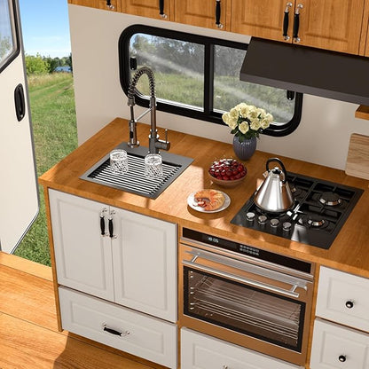 15 Inch Drop In RV Bar Sink - Beslend 15x15 Gunmetal Black Topmount Sink for RV Camper, Black Stainless Steel Wet Bar Workstation with Cutting Board, Roll-up Rack, Drain Assembly & Rinse Grid