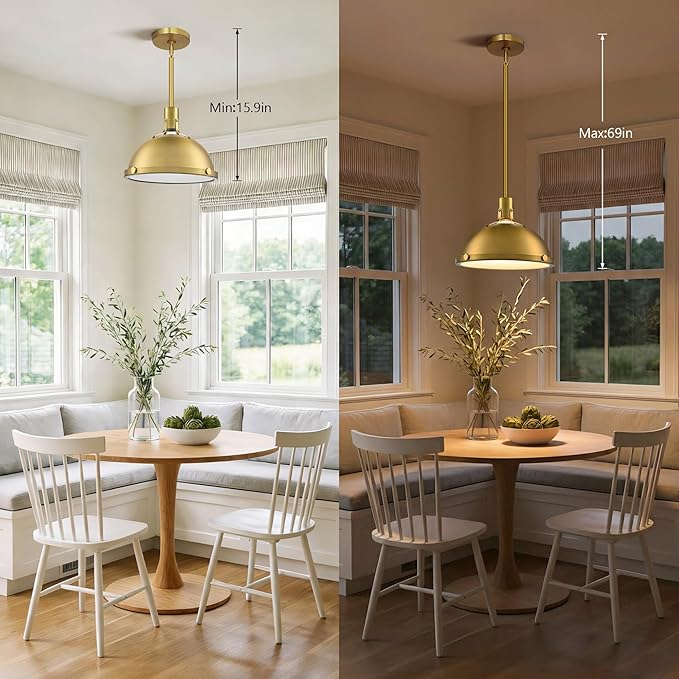 12.7 Inch Brushed Gold Modern Pendant Lights, Contemporary Dome Kitchen Island Pendant Lighting, 1-Light Small Ceiling Hanging Light Fixture with Opal Glass Diffuser, Over Sink Table Bar Hall