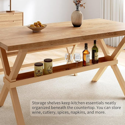 HIPIHOM 63" MDF Dining Table Set for 6, Kitchen Table with Storage Shelves, Breakfast Nook Table Sets with Thickened Desktop and Sturdy Metal Base