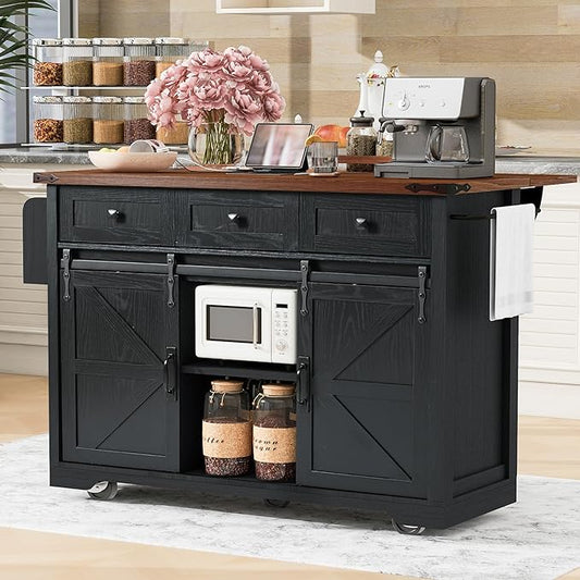 Bellemave 53.7" Farmhouse Kitchen Island cart with Charging Station, Rolling Kitchen Island Table with Drop-Leaf, 3 Drawers, Barn Doors, Large, Black