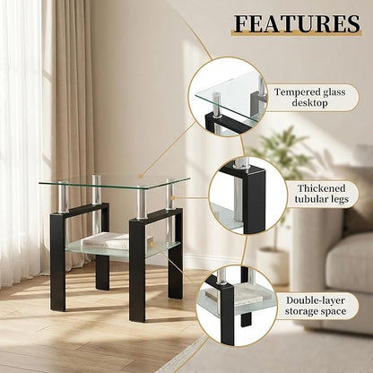 IANIYA Modern Glass Side Table, 2-Tier End Table with Tempered Glass Top & Metal Legs, Night Stand Corner Small Table for Living Room, Bedroom, Small Space