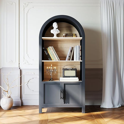 Ball & Cast 67" Tall Arched Storage Cabinet, Modern 3-Tier Wooden Kitchen Pantry Cabinet with Doors & Open Shelves,Versatile Bookcase Display Cabinet for Living Room,Office,Dining Room,Black