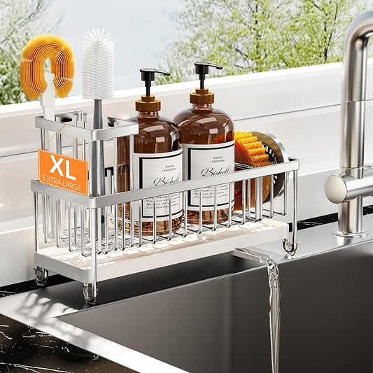 Cisily Sponge Holder for Kitchen Sink, Sink Caddy Organizer with High Brush Holder, Kitchen Countertop Organizers and Storage Essentials, Rustproof 304 Stainless Steel (Silver, 10.62″)